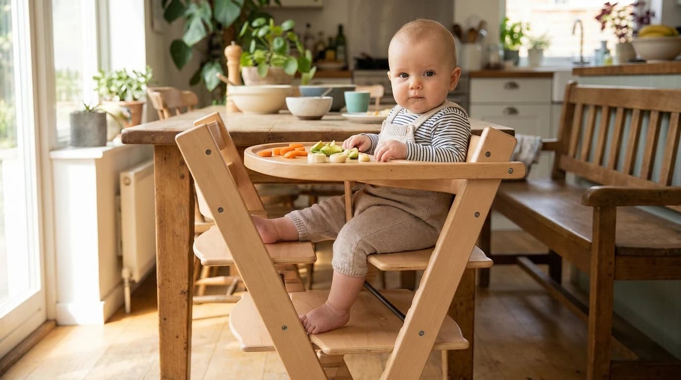 A baby sitting upright in a wooden high chair pulled up to a family dining table, feet planted flat on the chair's footrest, a small pile of chopped food on the tray.