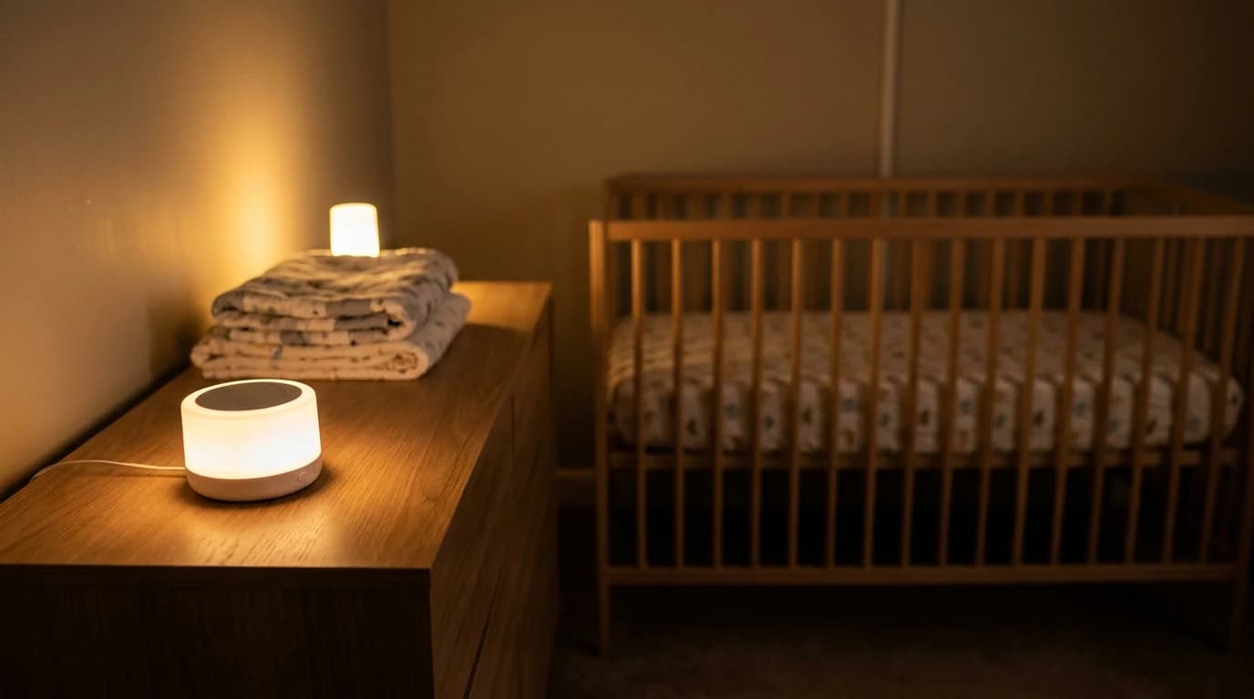 A small white sound machine sitting on a dresser across the room from a crib, with a soft night light glowing and the crib empty except for a fitted sheet.
